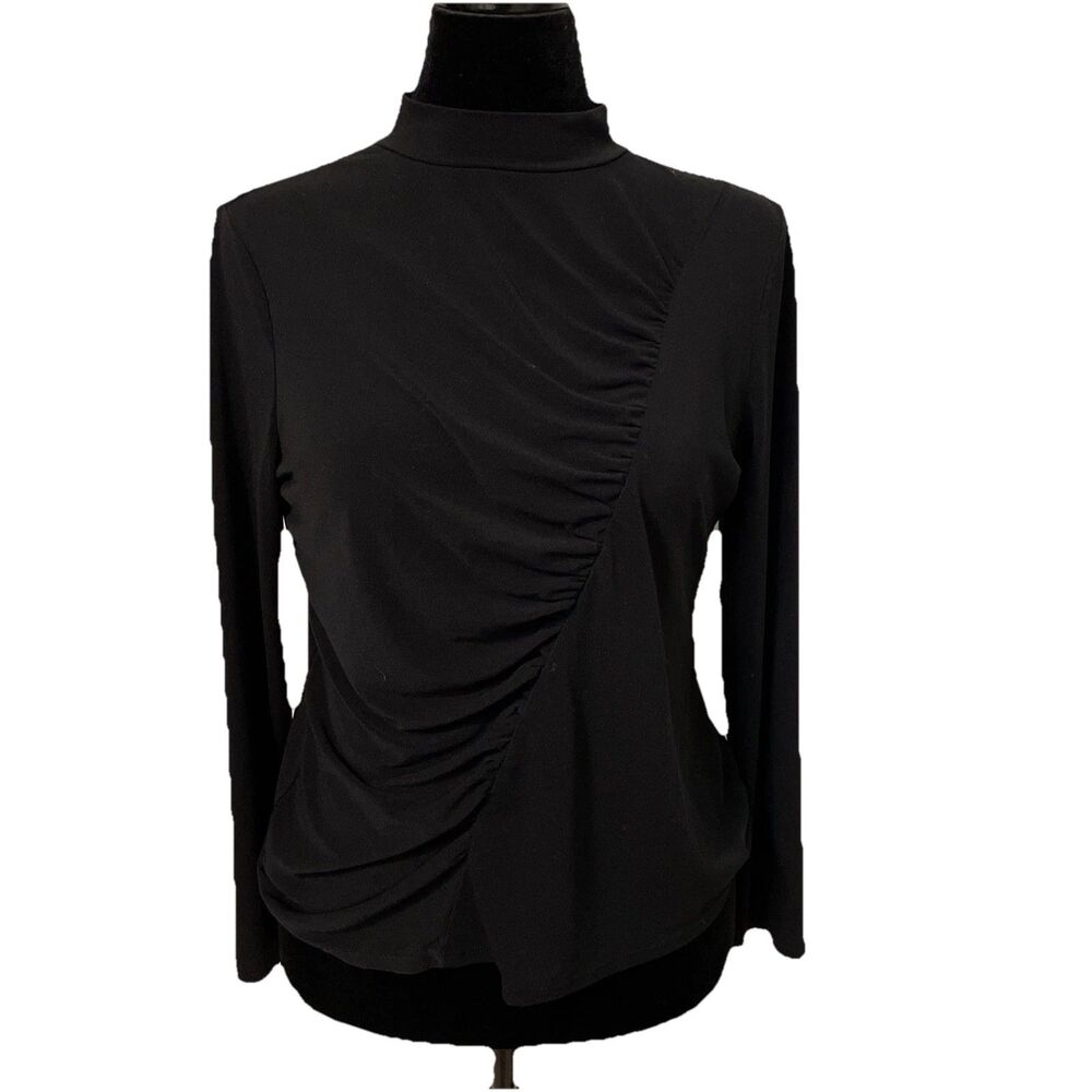 Adrianna Papell Black Ruched Mock Neck Keyhole Blouse Women’s Medium